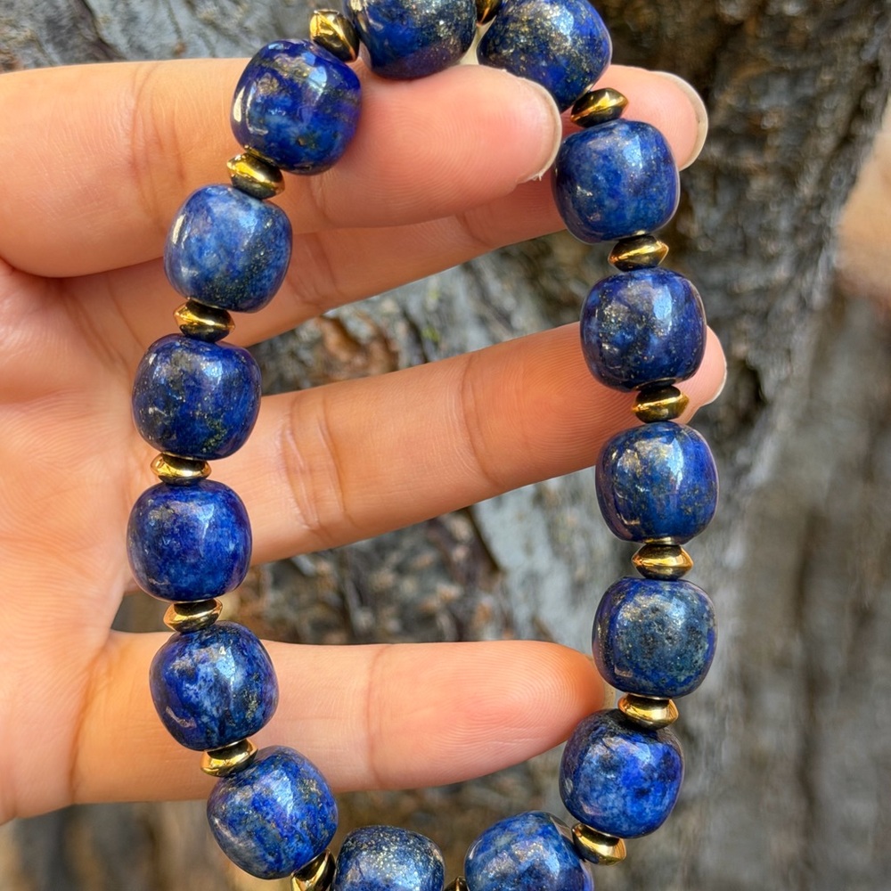 12mm stretchable‎ stainless steel lapis lazuli barrel bracelet 0770 - Picture 9 of 10